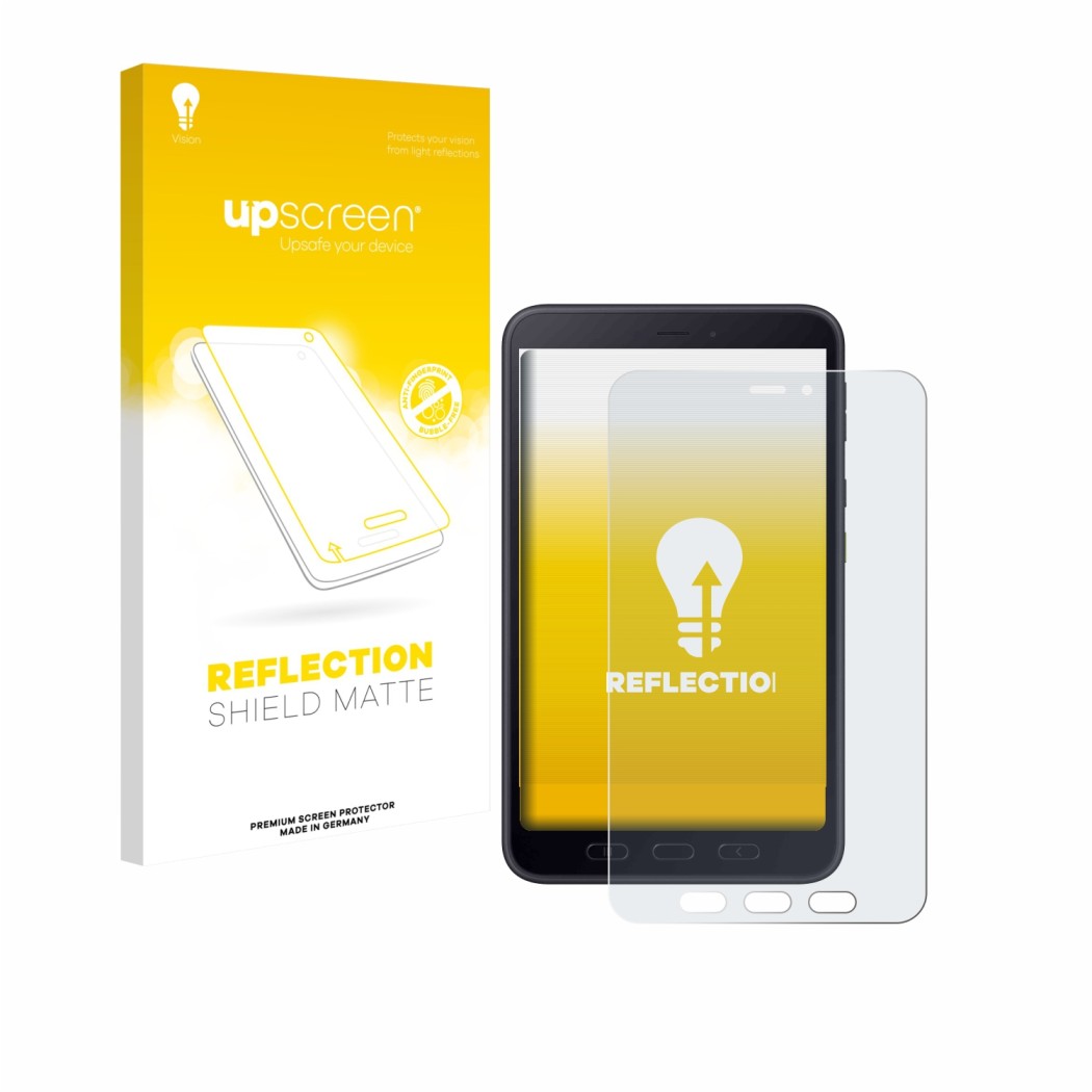 Parte frontal de un envase de producto con el logotipo de la marca upscreen. Al lado se muestra el dispositivo Samsung galaxy 