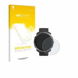 Parte frontal de un envase de producto con el logotipo de la marca upscreen. Al lado se muestra el dispositivo Polar Grit X2 c