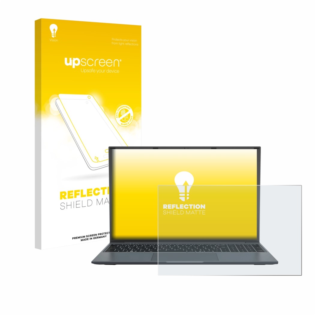 Face avant d’un emballage produit avec le logo de la marque upscreen. À côté, l’appareil MEDION E16443 est représenté avec la 