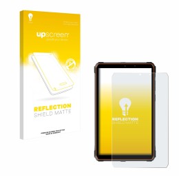 Parte frontal de un envase de producto con el logotipo de la marca upscreen. Al lado se muestra el dispositivo Blackview Activ