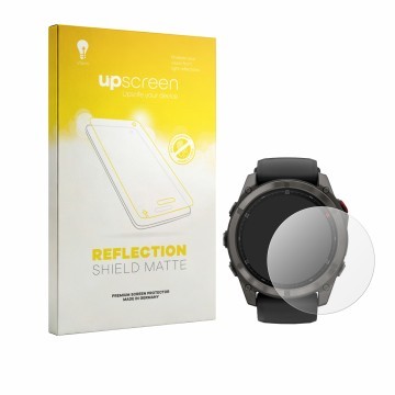 Parte frontale di una confezione del prodotto con il logo del marchio upscreen. Accanto è raffigurato il dispositivo Garmin Fe