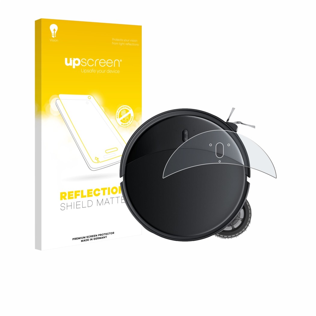 Parte frontale di una confezione del prodotto con il logo del marchio upscreen. Accanto è raffigurato il dispositivo Roborock