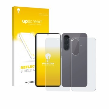 Parte frontale di una confezione del prodotto con il logo del marchio upscreen. Accanto è raffigurato il dispositivo Samsung G