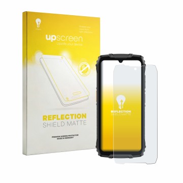 Parte frontal de un envase de producto con el logotipo de la marca upscreen. Al lado se muestra el dispositivo Ulefone RugKing
