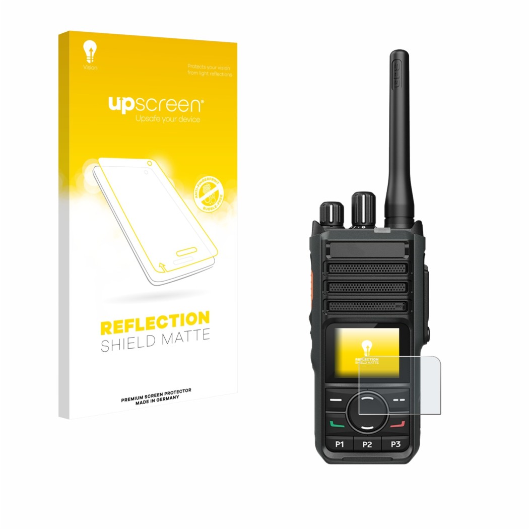 Vorderseite einer Produktverpackung mit dem Markenlogo upscreen. Daneben ist das Gerät Hytera HP565 mit dem zugehörigen Displa