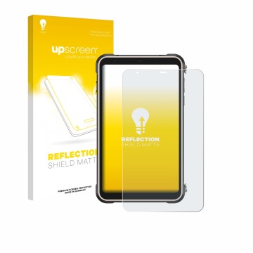 Parte frontal de un envase de producto con el logotipo de la marca upscreen. Al lado se muestra el dispositivo Ulefone RugKing