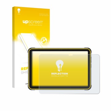 Parte frontal de un envase de producto con el logotipo de la marca upscreen. Al lado se muestra el dispositivo Ulefone RugKing