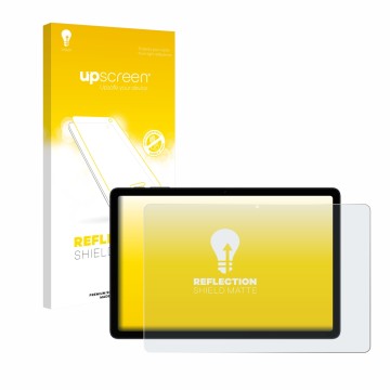 Parte frontal de un envase de producto con el logotipo de la marca upscreen. Al lado se muestra el dispositivo Doogee Tab A9+ 