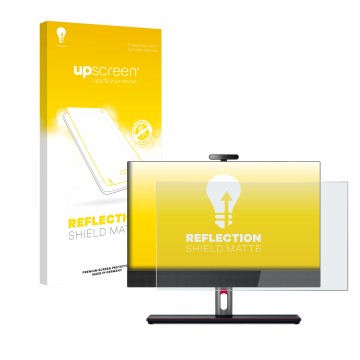 Parte frontal de un envase de producto con el logotipo de la marca upscreen. Al lado se muestra el dispositivo Lenovo ThinkCen