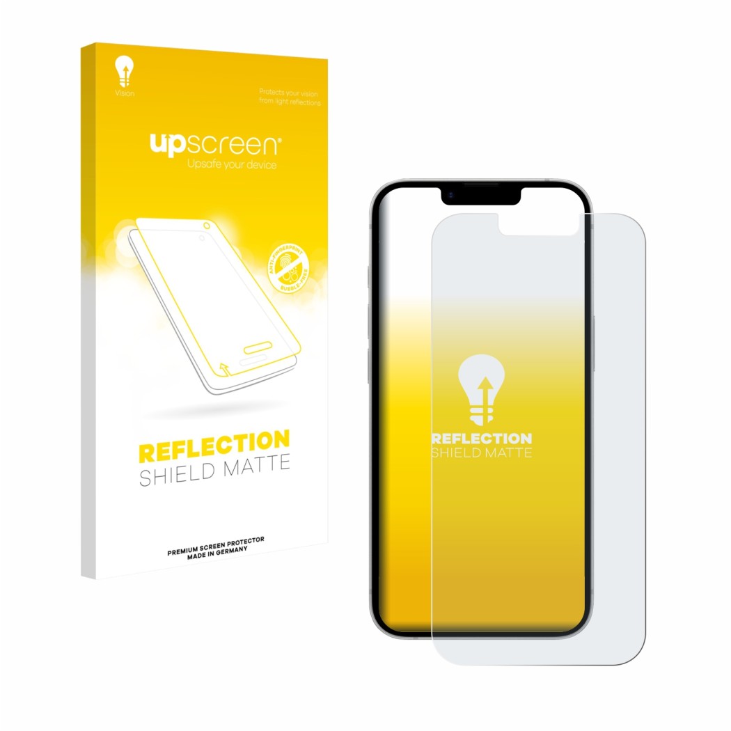 Face avant d’un emballage produit avec le logo de la marque upscreen. À côté, l’appareil Apple iPhone 17e est représenté avec