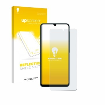 Front side of a product packaging with the brand logo upscreen. Next to it is the device Samsung Galaxy F07 shown with the cor