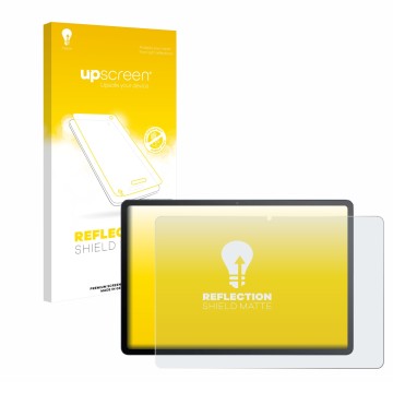 Vorderseite einer Produktverpackung mit dem Markenlogo upscreen. Daneben ist das Gerät TCL Tab A1 Plus mit dem zugehörigen Dis