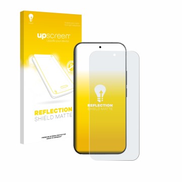 Parte frontal de un envase de producto con el logotipo de la marca upscreen. Al lado se muestra el dispositivo Vivo V70 con su