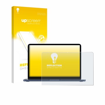 Parte frontal de un envase de producto con el logotipo de la marca upscreen. Al lado se muestra el dispositivo Apple MacBook N