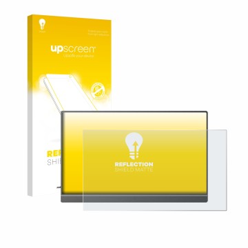Parte frontal de un envase de producto con el logotipo de la marca upscreen. Al lado se muestra el dispositivo Arzopa Z1C 16.1