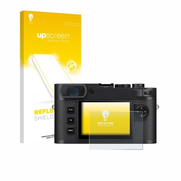 Face avant d’un emballage produit avec le logo de la marque upscreen. À côté, l’appareil Leica M EV1 est représenté avec la pr