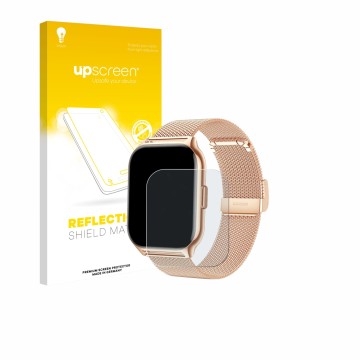 Face avant d’un emballage produit avec le logo de la marque upscreen. À côté, l’appareil APAUK Smartwatch 2.01