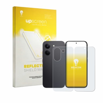 Parte frontal de un envase de producto con el logotipo de la marca upscreen. Al lado se muestra el dispositivo Xiaomi Poco X8 