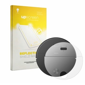 Parte frontale di una confezione del prodotto con il logo del marchio upscreen. Accanto è raffigurato il dispositivo Roborock 