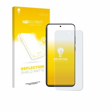 Parte frontal de un envase de producto con el logotipo de la marca upscreen. Al lado se muestra el dispositivo Motorola Edge 7
