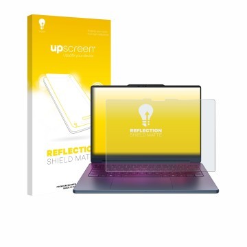 Face avant d’un emballage produit avec le logo de la marque upscreen. À côté, l’appareil Lenovo Yoga 9i 2-in-1 Gen 11 Aura Edi