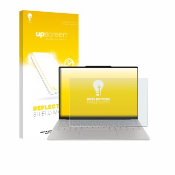 Face avant d’un emballage produit avec le logo de la marque upscreen. À côté, l’appareil Lenovo Yoga Slim 7i Gen 11 Aura Editi