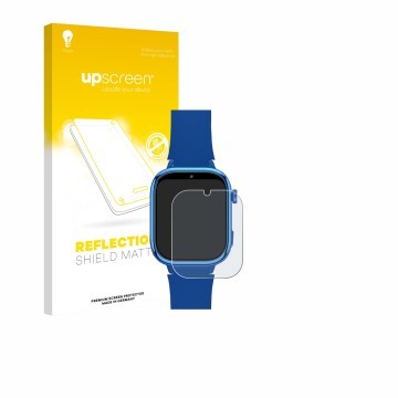 Face avant d’un emballage produit avec le logo de la marque upscreen. À côté, l’appareil whraills Kids Smartwatch est représen