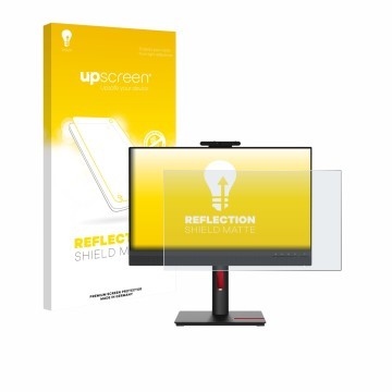 Parte frontal de un envase de producto con el logotipo de la marca upscreen. Al lado se muestra el dispositivo Lenovo ThinkCen