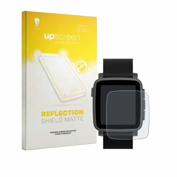 Parte frontale di una confezione del prodotto con il logo del marchio upscreen. Accanto è raffigurato il dispositivo Pebble Ti