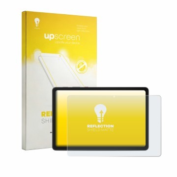 Parte frontal de un envase de producto con el logotipo de la marca upscreen. Al lado se muestra el dispositivo Lenovo ThinkTab