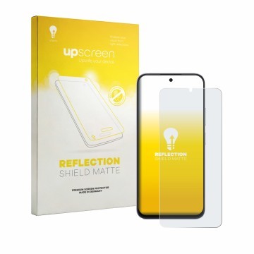 Parte frontal de un envase de producto con el logotipo de la marca upscreen. Al lado se muestra el dispositivo Honor Play 80 c