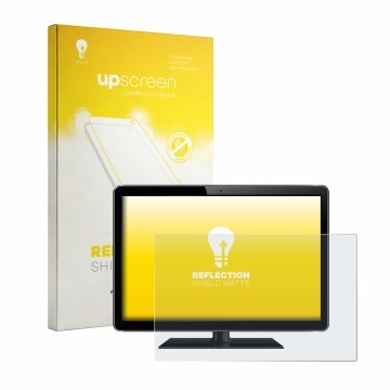Vorderseite einer Produktverpackung mit dem Markenlogo upscreen. Daneben ist das Gerät mit dem zugehörigen Displayschutz abgeb