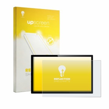 Parte frontal de un envase de producto con el logotipo de la marca upscreen. Al lado se muestra el dispositivo con su protecto