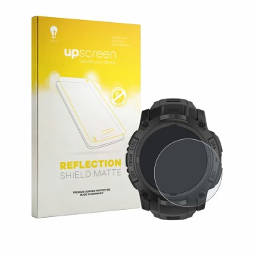 Face avant d’un emballage produit avec le logo de la marque upscreen. À côté, l’appareil Garmin Instinct 3 Tactical Edition (5