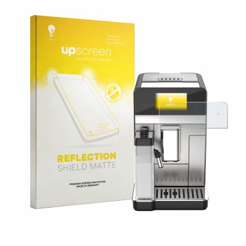 Parte frontal de un envase de producto con el logotipo de la marca upscreen. Al lado se muestra el dispositivo DeLonghi Eletta