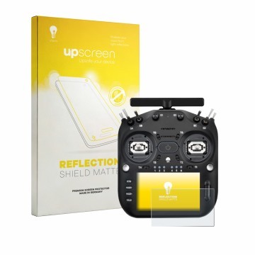 Parte frontal de un envase de producto con el logotipo de la marca upscreen. Al lado se muestra el dispositivo Radiomaster TX1