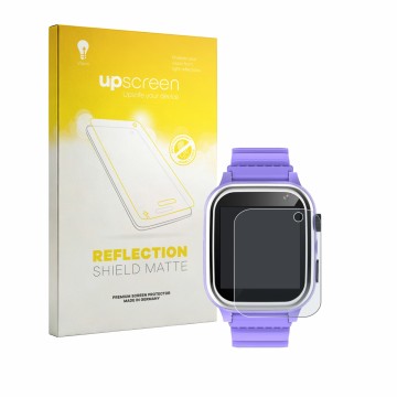 Vorderseite einer Produktverpackung mit dem Markenlogo upscreen. Daneben ist das Gerät kaacly Kids Smartwatch 1.44