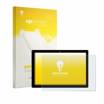 Face avant d’un emballage produit avec le logo de la marque upscreen. À côté, l’appareil Crelander T40 10.1