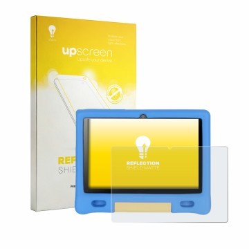 Face avant d’un emballage produit avec le logo de la marque upscreen. À côté, l’appareil Bufo Kids Tablet 10.1