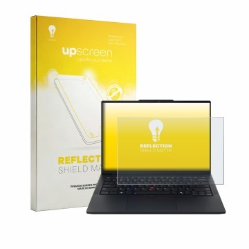 Face avant d’un emballage produit avec le logo de la marque upscreen. À côté, l’appareil Lenovo ThinkPad E14 Gen 8 est représe