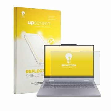 Face avant d’un emballage produit avec le logo de la marque upscreen. À côté, l’appareil Lenovo ThinkBook 14 2-in-1 Gen 6 est 