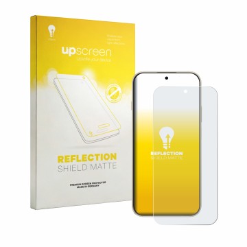 Parte frontal de un envase de producto con el logotipo de la marca upscreen. Al lado se muestra el dispositivo Huawei Enjoy 90