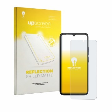 Parte frontal de un envase de producto con el logotipo de la marca upscreen. Al lado se muestra el dispositivo TCL K70 SE con 