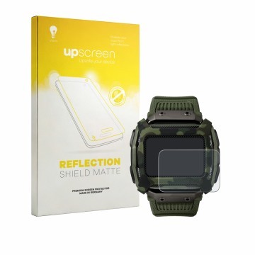 Parte frontal de un envase de producto con el logotipo de la marca upscreen. Al lado se muestra el dispositivo Timex Command S