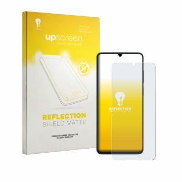 Parte frontal de un envase de producto con el logotipo de la marca upscreen. Al lado se muestra el dispositivo Honor X6d con s