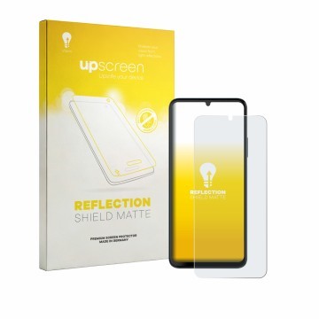 Parte frontal de un envase de producto con el logotipo de la marca upscreen. Al lado se muestra el dispositivo NUU Mobile X10 