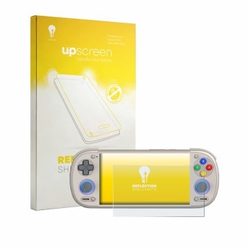 Face avant d’un emballage produit avec le logo de la marque upscreen. À côté, l’appareil Retroid Pocket 6 est représenté avec 