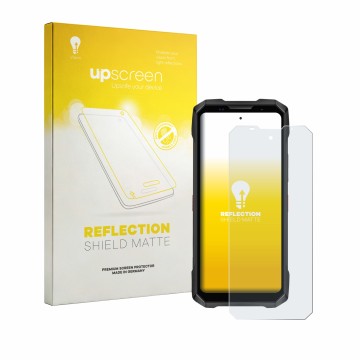 Parte frontal de un envase de producto con el logotipo de la marca upscreen. Al lado se muestra el dispositivo Doogee V Max 2 