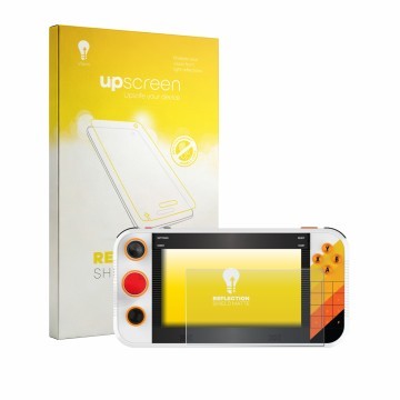 Face avant d’un emballage produit avec le logo de la marque upscreen. À côté, l’appareil My Arcade Atari Gamestation Go Portab