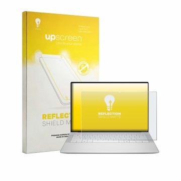Vorderseite einer Produktverpackung mit dem Markenlogo upscreen. Daneben ist das Gerät Dell XPS 14 DA14250 mit dem zugehörigen